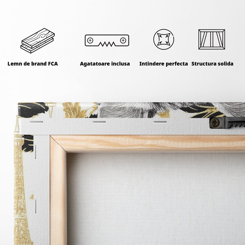 Tablou Canvas Premium, LuxCanva® M1493, Sub Cerul Parisului, Pisica, Felina, Ochi Albastri, Paris, Turnul Eiffel, Auriu, Elegant, Dormitor, Birou, Living, Camera Copil