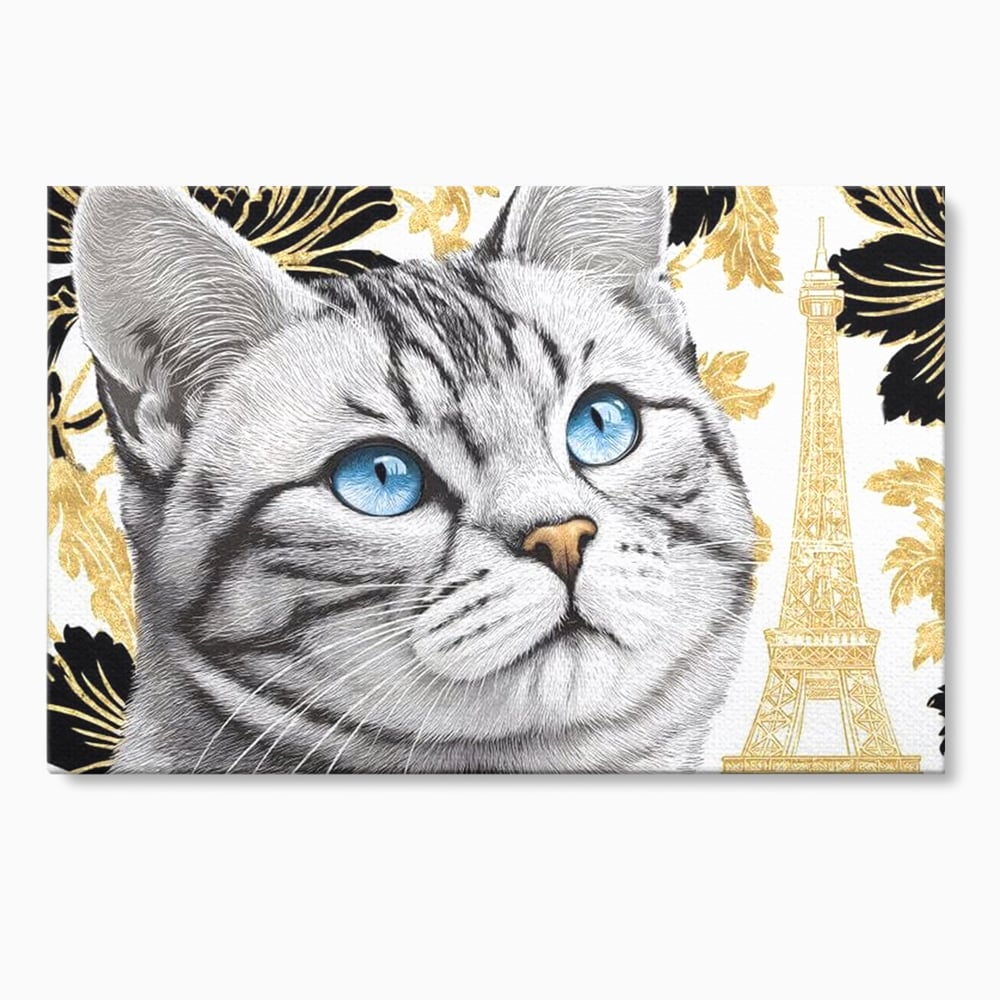 Tablou Canvas Premium, LuxCanva® M1493, Sub Cerul Parisului, Pisica, Felina, Ochi Albastri, Paris, Turnul Eiffel, Auriu, Elegant, Dormitor, Birou, Living, Camera Copil