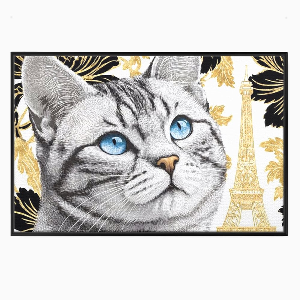 Tablou Canvas Premium, LuxCanva® M1493, Sub Cerul Parisului, Pisica, Felina, Ochi Albastri, Paris, Turnul Eiffel, Auriu, Elegant, Dormitor, Birou, Living, Camera Copil