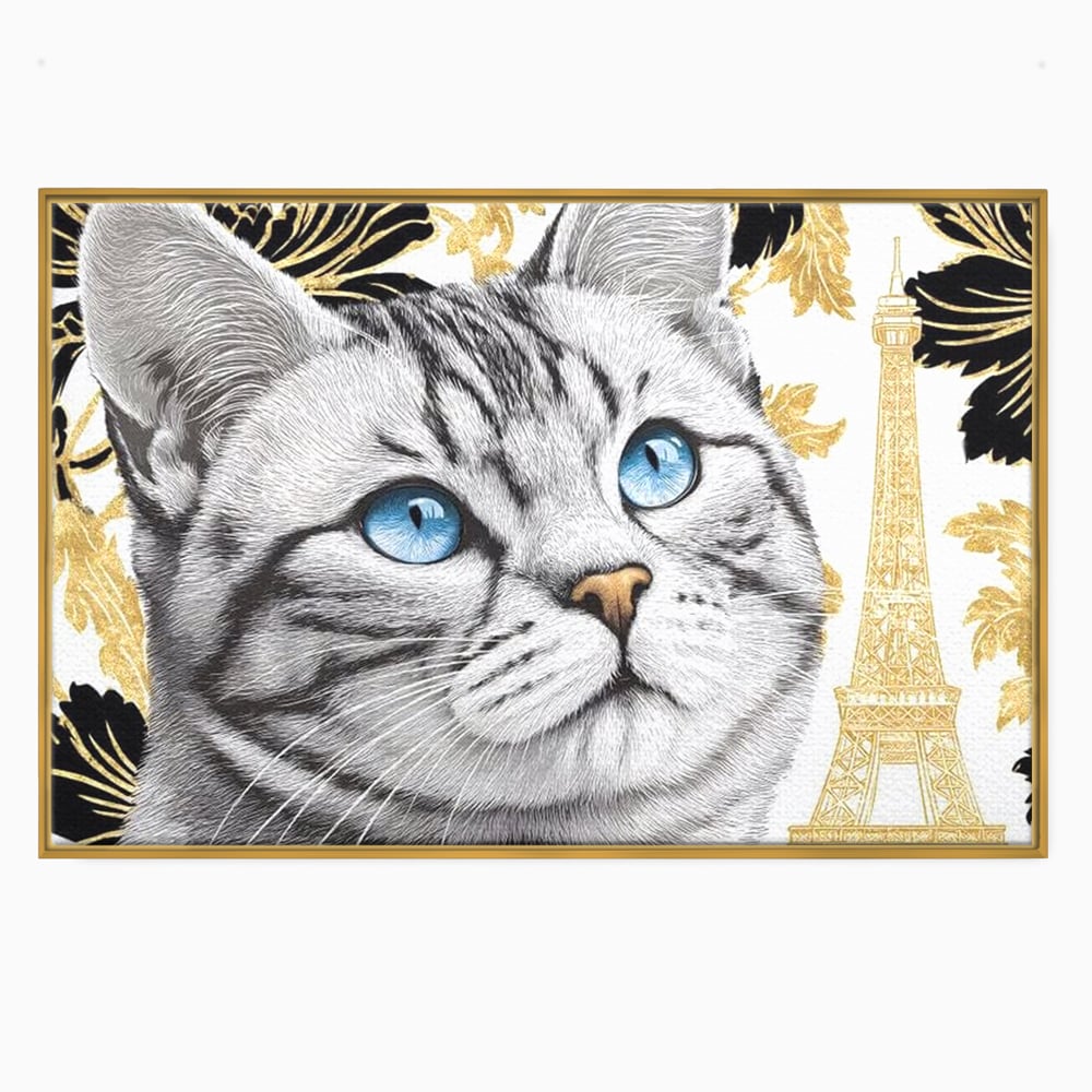 Tablou Canvas Premium, LuxCanva® M1493, Sub Cerul Parisului, Pisica, Felina, Ochi Albastri, Paris, Turnul Eiffel, Auriu, Elegant, Dormitor, Birou, Living, Camera Copil