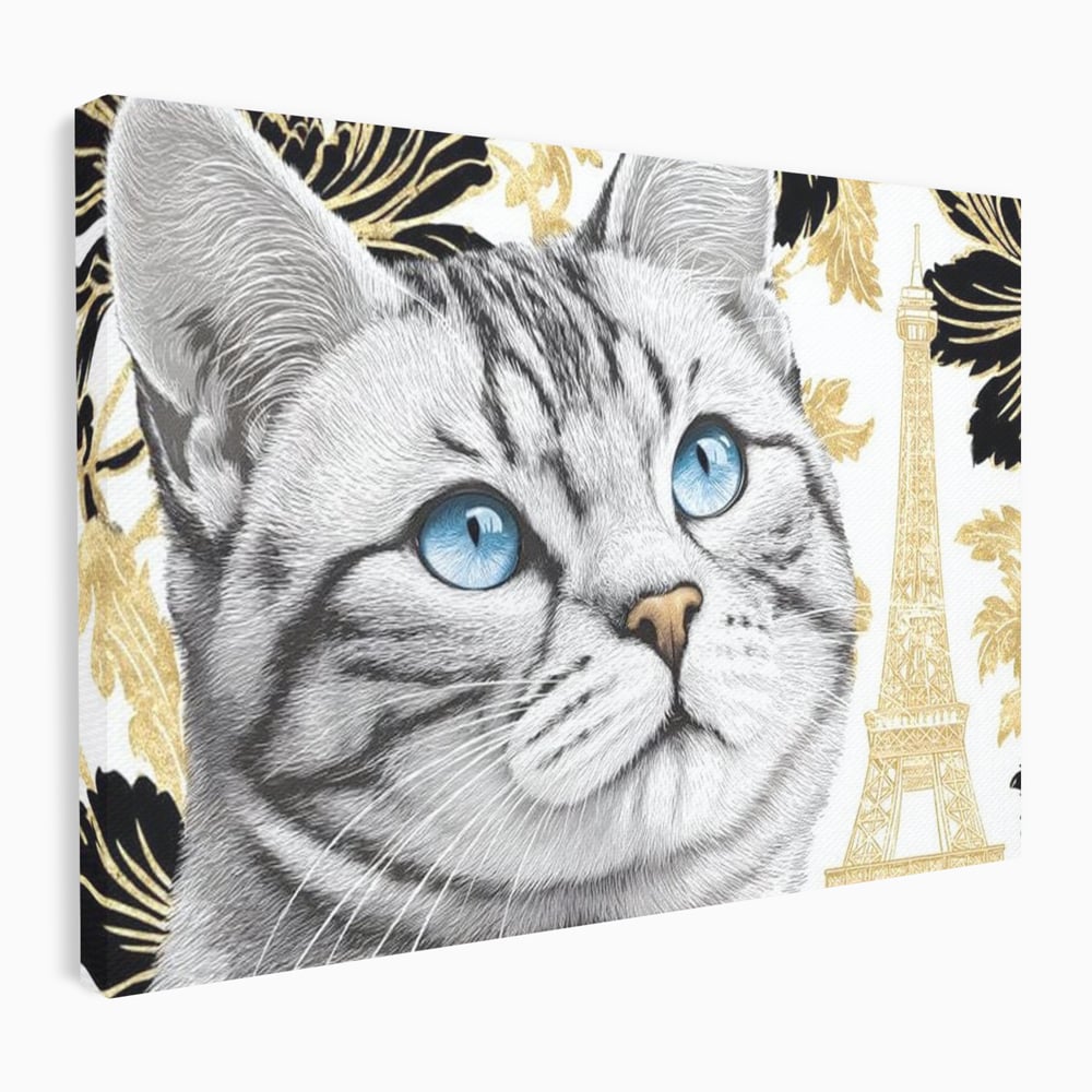 Tablou Canvas Premium, LuxCanva® M1493, Sub Cerul Parisului, Pisica, Felina, Ochi Albastri, Paris, Turnul Eiffel, Auriu, Elegant, Dormitor, Birou, Living, Camera Copil