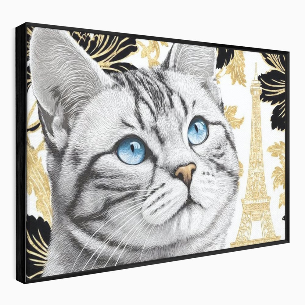Tablou Canvas Premium, LuxCanva® M1493, Sub Cerul Parisului, Pisica, Felina, Ochi Albastri, Paris, Turnul Eiffel, Auriu, Elegant, Dormitor, Birou, Living, Camera Copil