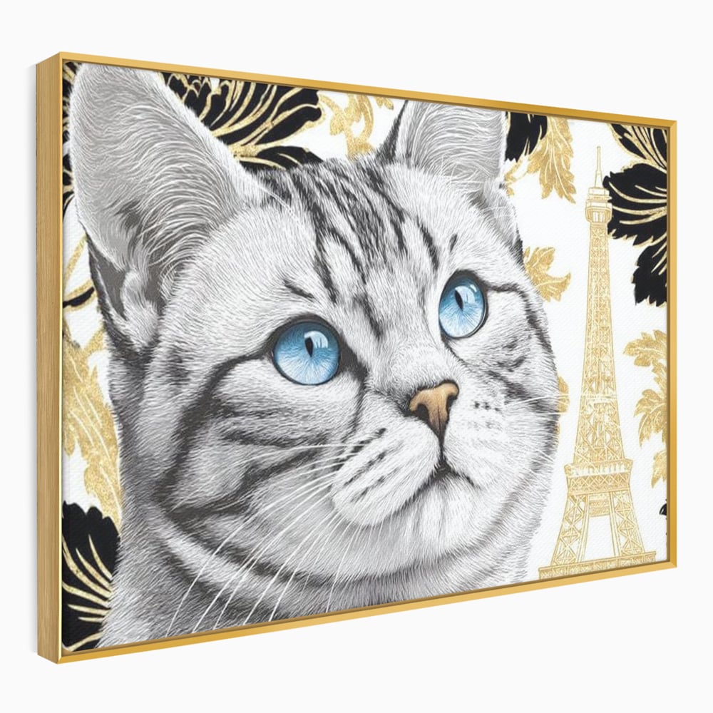 Tablou Canvas Premium, LuxCanva® M1493, Sub Cerul Parisului, Pisica, Felina, Ochi Albastri, Paris, Turnul Eiffel, Auriu, Elegant, Dormitor, Birou, Living, Camera Copil
