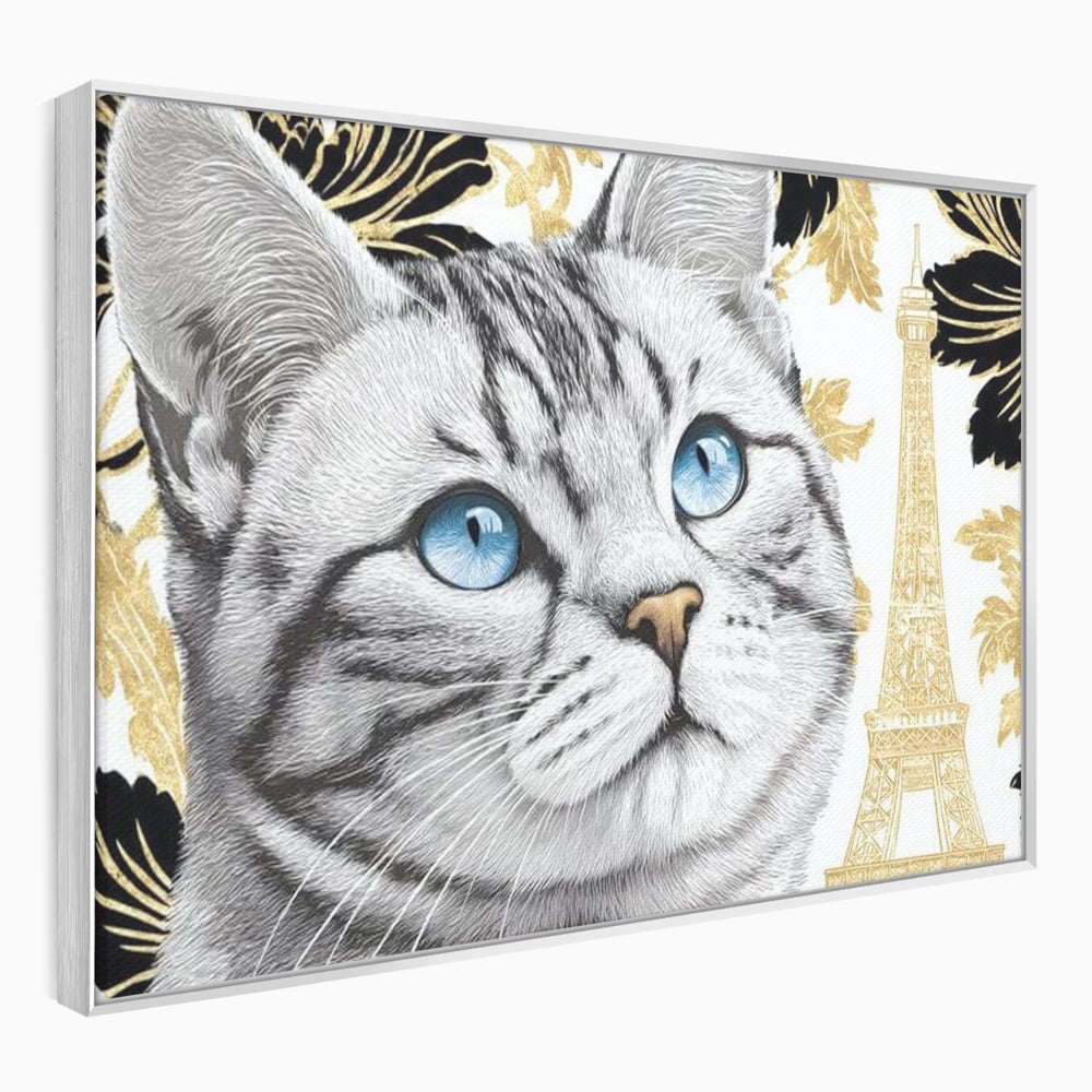 Tablou Canvas Premium, LuxCanva® M1493, Sub Cerul Parisului, Pisica, Felina, Ochi Albastri, Paris, Turnul Eiffel, Auriu, Elegant, Dormitor, Birou, Living, Camera Copil