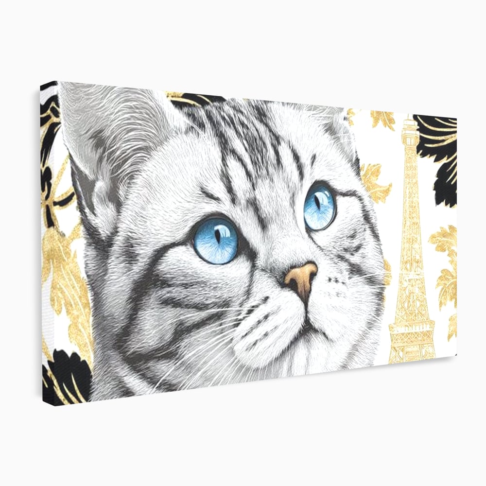 Tablou Canvas Premium, LuxCanva® M1493, Sub Cerul Parisului, Pisica, Felina, Ochi Albastri, Paris, Turnul Eiffel, Auriu, Elegant, Dormitor, Birou, Living, Camera Copil