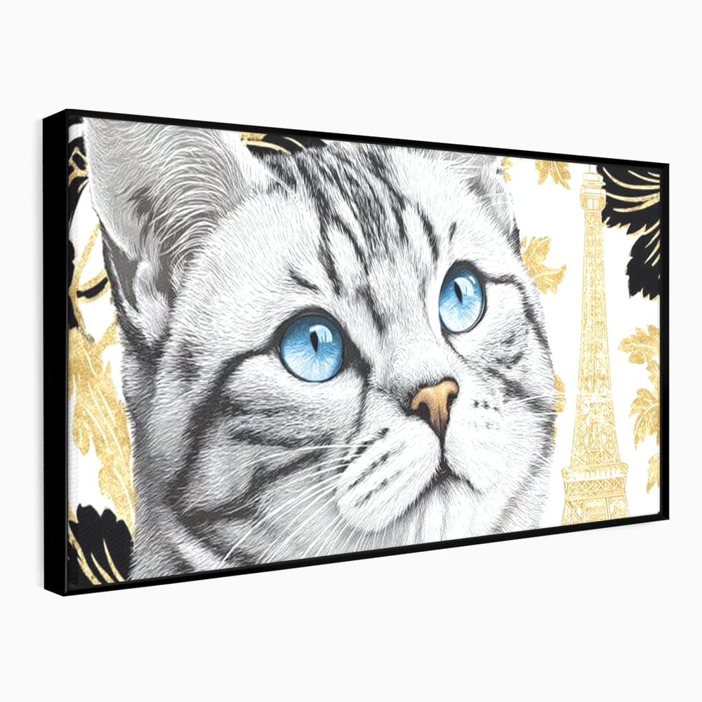Tablou Canvas Premium, LuxCanva® M1493, Sub Cerul Parisului, Pisica, Felina, Ochi Albastri, Paris, Turnul Eiffel, Auriu, Elegant, Dormitor, Birou, Living, Camera Copil