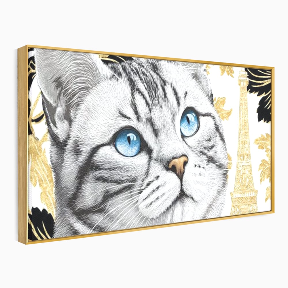 Tablou Canvas Premium, LuxCanva® M1493, Sub Cerul Parisului, Pisica, Felina, Ochi Albastri, Paris, Turnul Eiffel, Auriu, Elegant, Dormitor, Birou, Living, Camera Copil