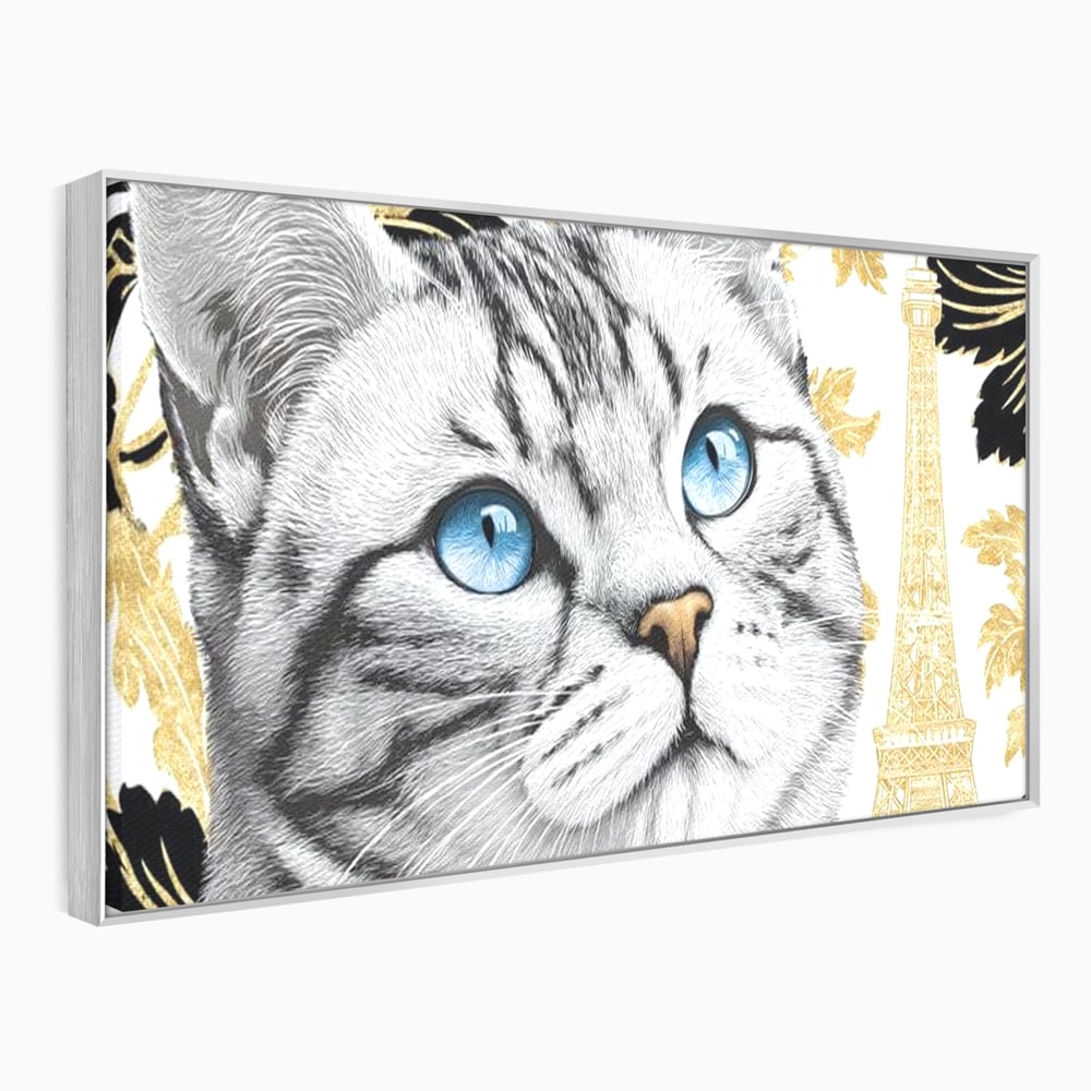 Tablou Canvas Premium, LuxCanva® M1493, Sub Cerul Parisului, Pisica, Felina, Ochi Albastri, Paris, Turnul Eiffel, Auriu, Elegant, Dormitor, Birou, Living, Camera Copil