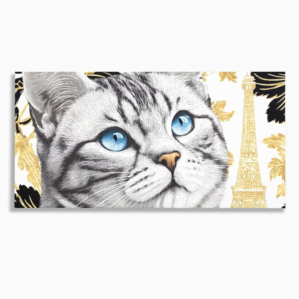 Tablou Canvas Premium, LuxCanva® M1493, Sub Cerul Parisului, Pisica, Felina, Ochi Albastri, Paris, Turnul Eiffel, Auriu, Elegant, Dormitor, Birou, Living, Camera Copil