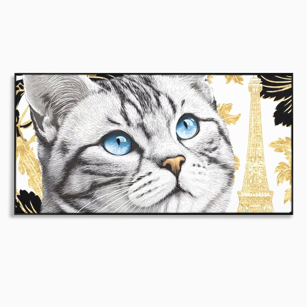 Tablou Canvas Premium, LuxCanva® M1493, Sub Cerul Parisului, Pisica, Felina, Ochi Albastri, Paris, Turnul Eiffel, Auriu, Elegant, Dormitor, Birou, Living, Camera Copil