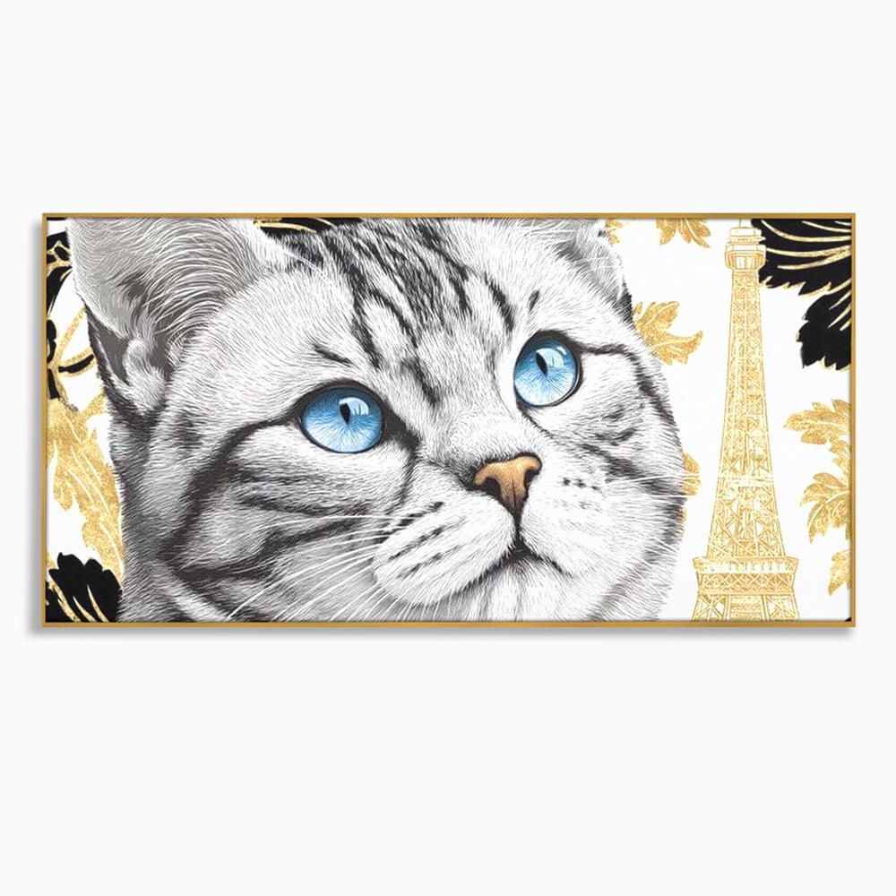 Tablou Canvas Premium, LuxCanva® M1493, Sub Cerul Parisului, Pisica, Felina, Ochi Albastri, Paris, Turnul Eiffel, Auriu, Elegant, Dormitor, Birou, Living, Camera Copil
