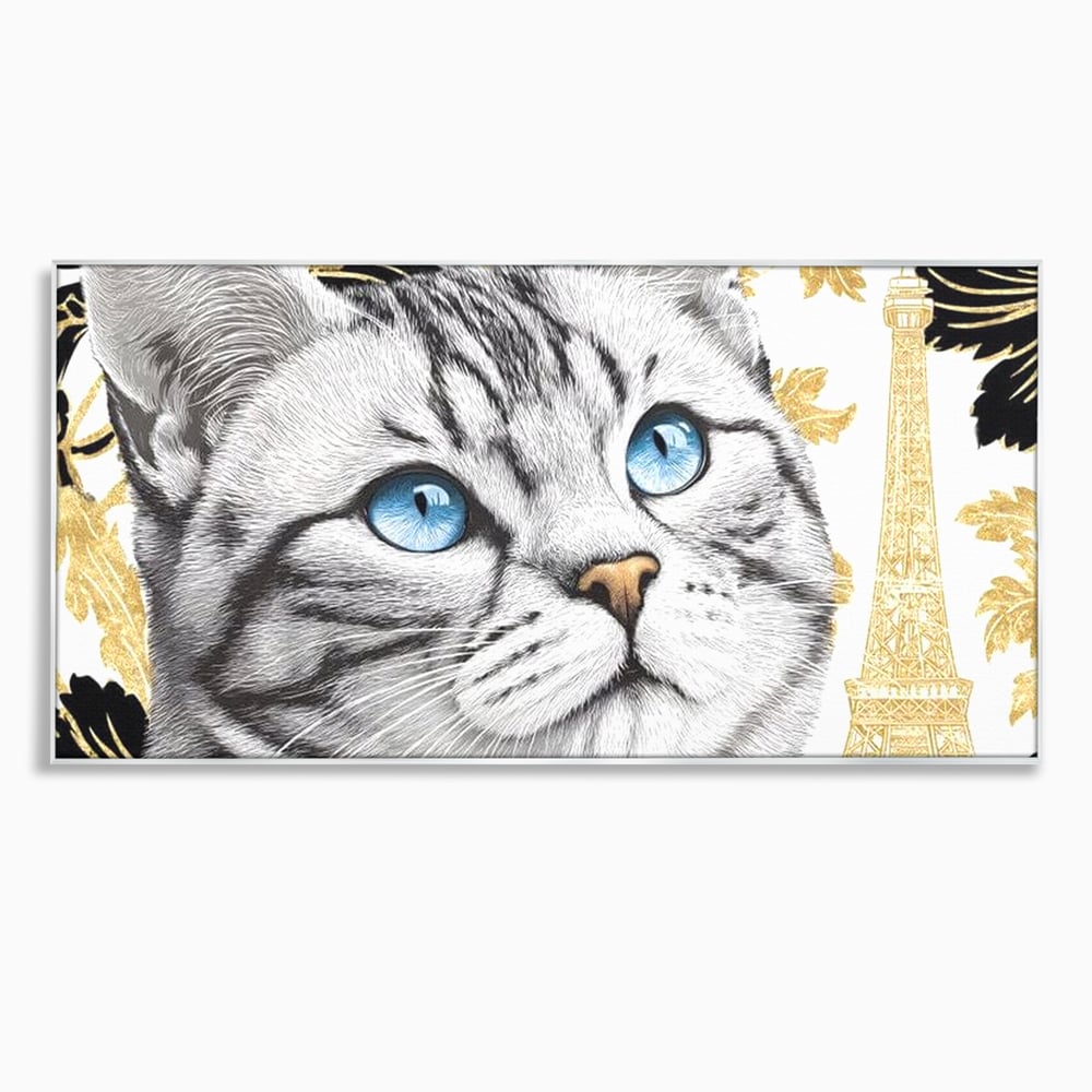 Tablou Canvas Premium, LuxCanva® M1493, Sub Cerul Parisului, Pisica, Felina, Ochi Albastri, Paris, Turnul Eiffel, Auriu, Elegant, Dormitor, Birou, Living, Camera Copil