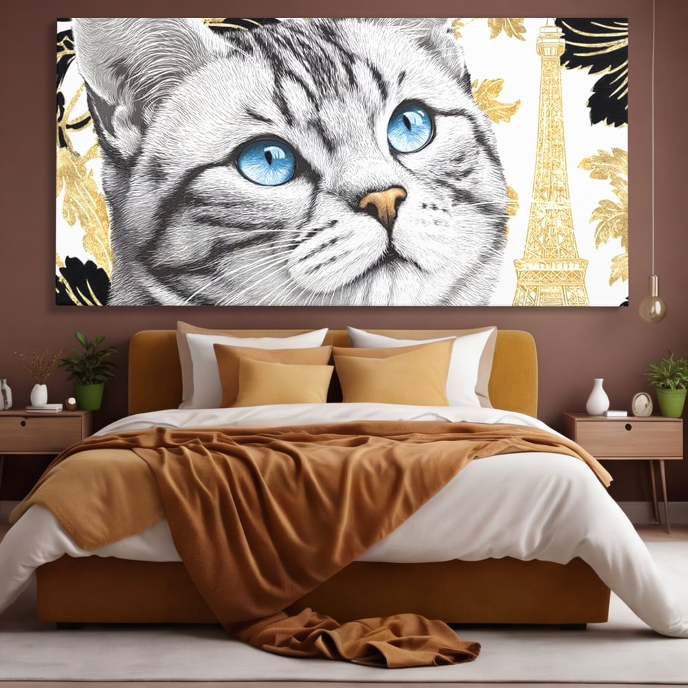 Tablou Canvas Premium, LuxCanva® M1493, Sub Cerul Parisului, Pisica, Felina, Ochi Albastri, Paris, Turnul Eiffel, Auriu, Elegant, Dormitor, Birou, Living, Camera Copil