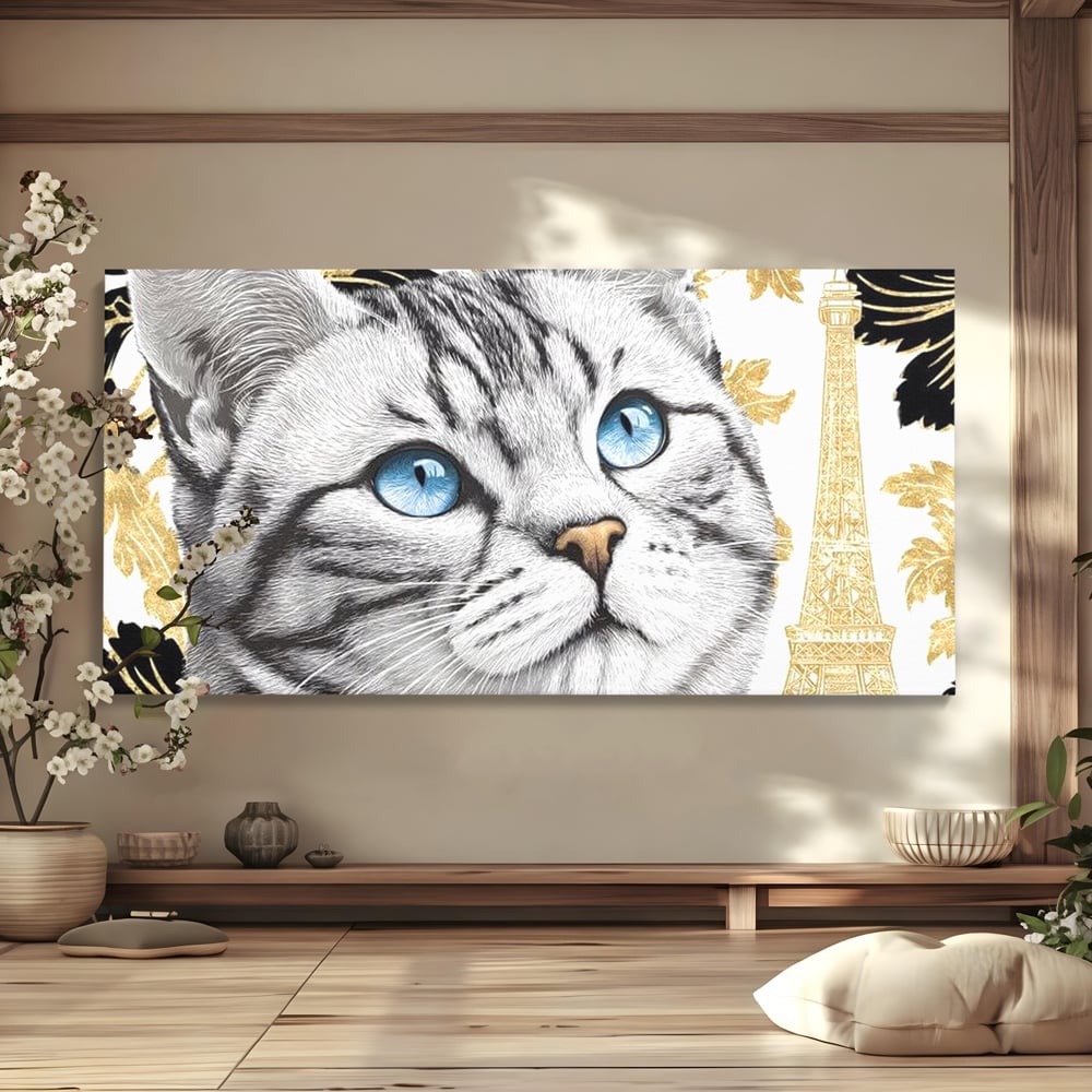 Tablou Canvas Premium, LuxCanva® M1493, Sub Cerul Parisului, Pisica, Felina, Ochi Albastri, Paris, Turnul Eiffel, Auriu, Elegant, Dormitor, Birou, Living, Camera Copil