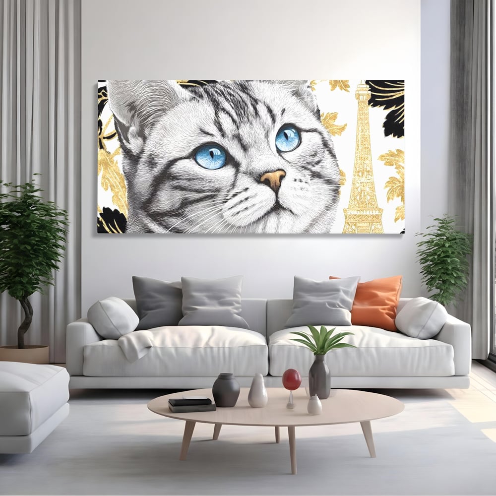 Tablou Canvas Premium, LuxCanva® M1493, Sub Cerul Parisului, Pisica, Felina, Ochi Albastri, Paris, Turnul Eiffel, Auriu, Elegant, Dormitor, Birou, Living, Camera Copil
