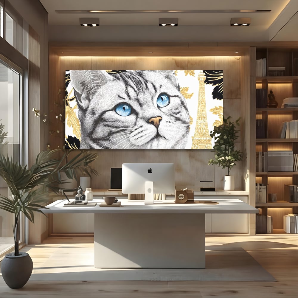 Tablou Canvas Premium, LuxCanva® M1493, Sub Cerul Parisului, Pisica, Felina, Ochi Albastri, Paris, Turnul Eiffel, Auriu, Elegant, Dormitor, Birou, Living, Camera Copil