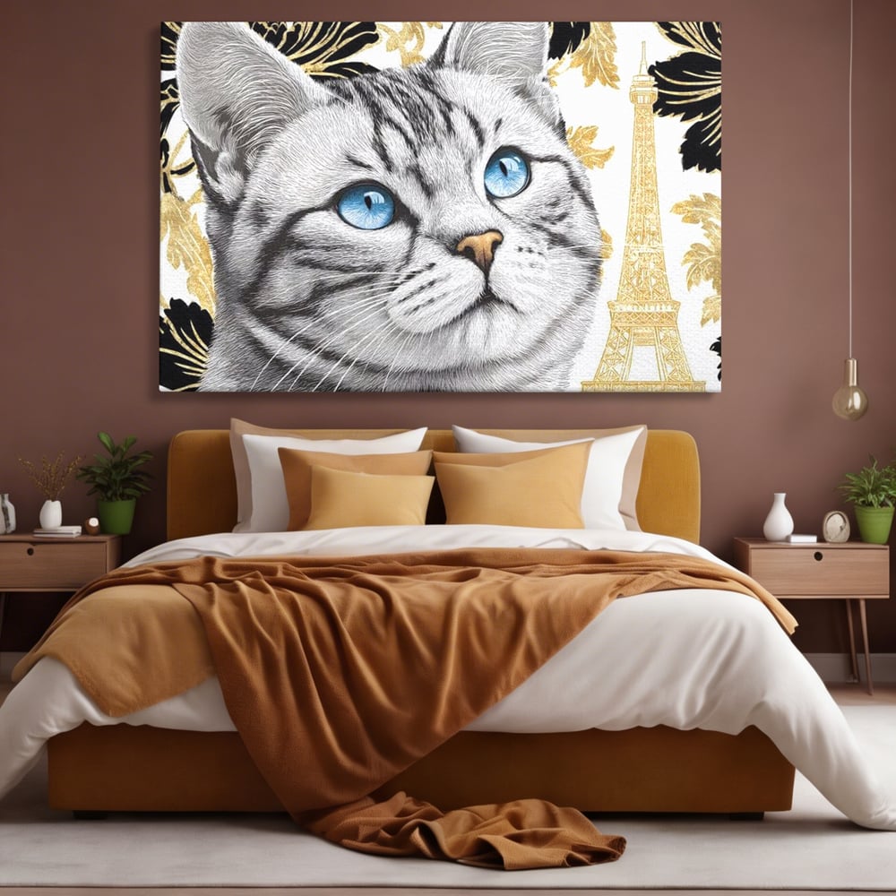 Tablou Canvas Premium, LuxCanva® M1493, Sub Cerul Parisului, Pisica, Felina, Ochi Albastri, Paris, Turnul Eiffel, Auriu, Elegant, Dormitor, Birou, Living, Camera Copil