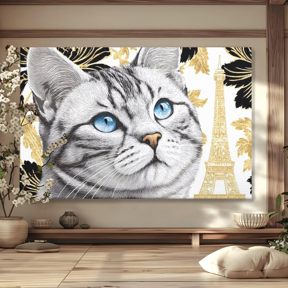 Tablou Canvas Premium, LuxCanva® M1493, Sub Cerul Parisului, Pisica, Felina, Ochi Albastri, Paris, Turnul Eiffel, Auriu, Elegant, Dormitor, Birou, Living, Camera Copil