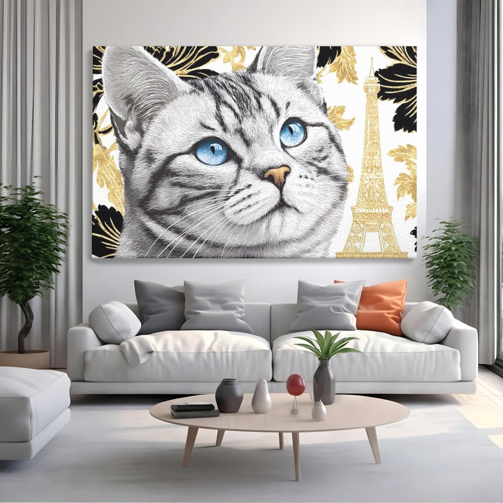 Tablou Canvas Premium, LuxCanva® M1493, Sub Cerul Parisului, Pisica, Felina, Ochi Albastri, Paris, Turnul Eiffel, Auriu, Elegant, Dormitor, Birou, Living, Camera Copil
