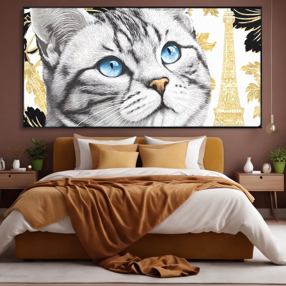 Tablou Canvas Premium, LuxCanva® M1493, Sub Cerul Parisului, Pisica, Felina, Ochi Albastri, Paris, Turnul Eiffel, Auriu, Elegant, Dormitor, Birou, Living, Camera Copil