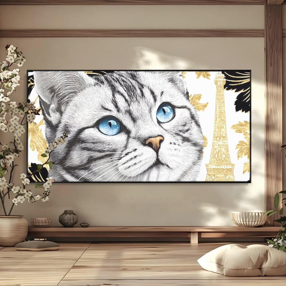 Tablou Canvas Premium, LuxCanva® M1493, Sub Cerul Parisului, Pisica, Felina, Ochi Albastri, Paris, Turnul Eiffel, Auriu, Elegant, Dormitor, Birou, Living, Camera Copil