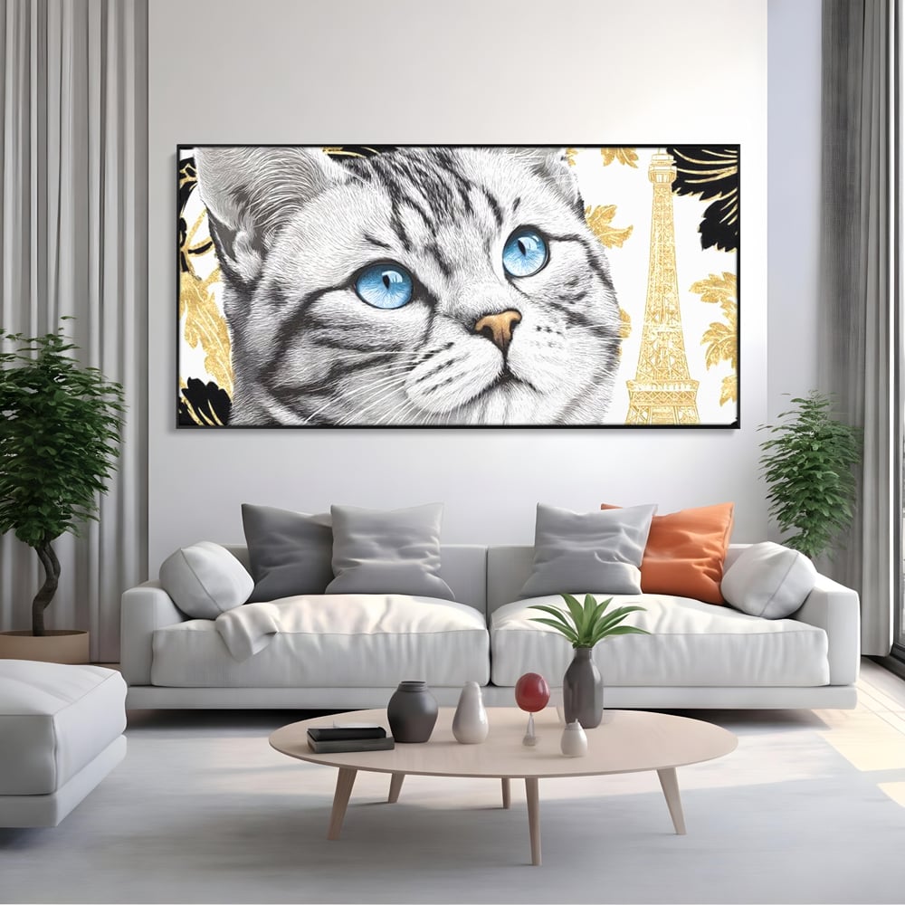 Tablou Canvas Premium, LuxCanva® M1493, Sub Cerul Parisului, Pisica, Felina, Ochi Albastri, Paris, Turnul Eiffel, Auriu, Elegant, Dormitor, Birou, Living, Camera Copil
