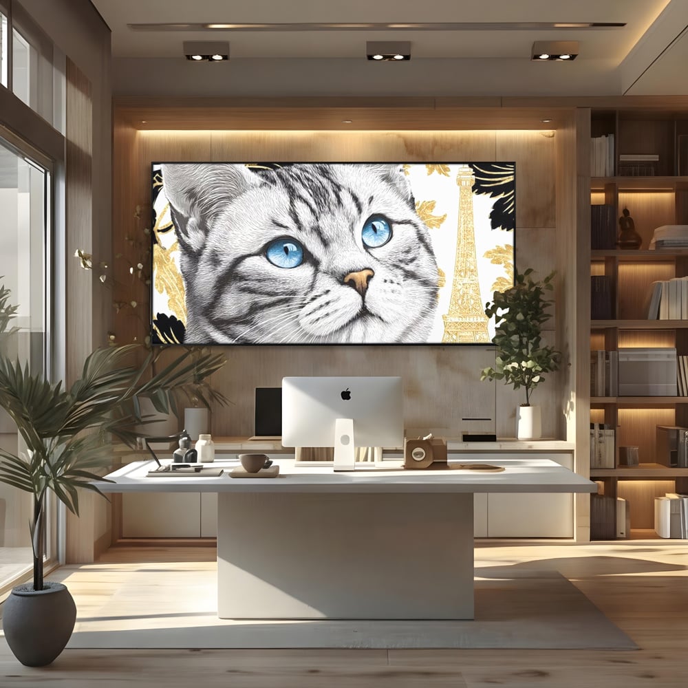 Tablou Canvas Premium, LuxCanva® M1493, Sub Cerul Parisului, Pisica, Felina, Ochi Albastri, Paris, Turnul Eiffel, Auriu, Elegant, Dormitor, Birou, Living, Camera Copil
