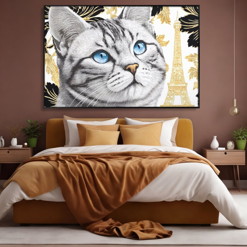 Tablou Canvas Premium, LuxCanva® M1493, Sub Cerul Parisului, Pisica, Felina, Ochi Albastri, Paris, Turnul Eiffel, Auriu, Elegant, Dormitor, Birou, Living, Camera Copil
