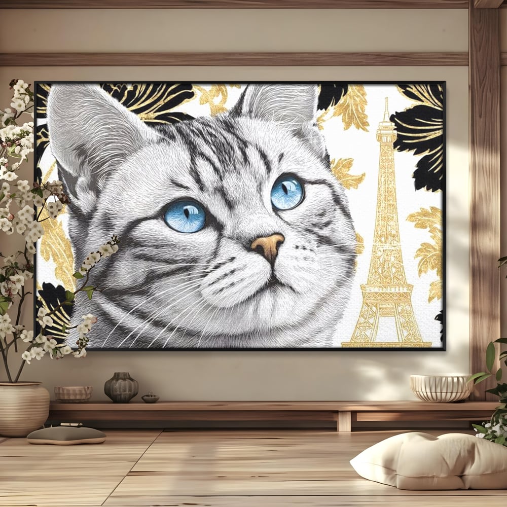 Tablou Canvas Premium, LuxCanva® M1493, Sub Cerul Parisului, Pisica, Felina, Ochi Albastri, Paris, Turnul Eiffel, Auriu, Elegant, Dormitor, Birou, Living, Camera Copil