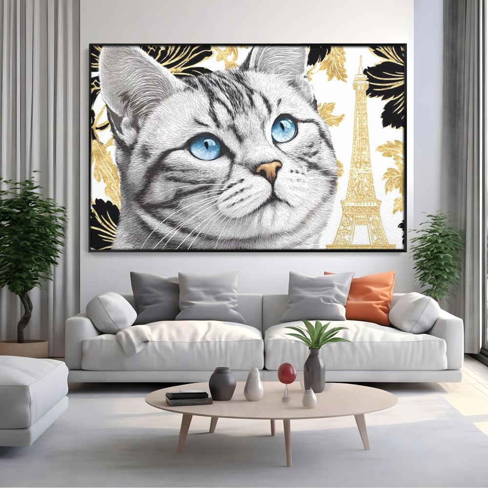 Tablou Canvas Premium, LuxCanva® M1493, Sub Cerul Parisului, Pisica, Felina, Ochi Albastri, Paris, Turnul Eiffel, Auriu, Elegant, Dormitor, Birou, Living, Camera Copil