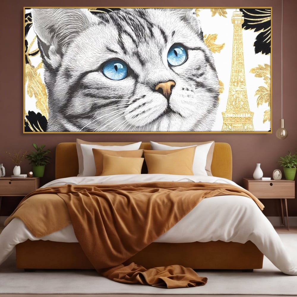 Tablou Canvas Premium, LuxCanva® M1493, Sub Cerul Parisului, Pisica, Felina, Ochi Albastri, Paris, Turnul Eiffel, Auriu, Elegant, Dormitor, Birou, Living, Camera Copil