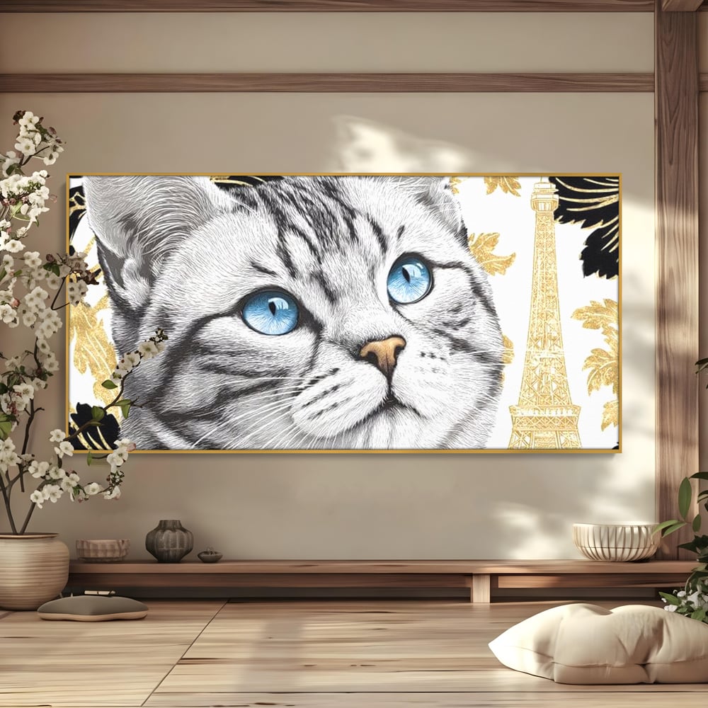 Tablou Canvas Premium, LuxCanva® M1493, Sub Cerul Parisului, Pisica, Felina, Ochi Albastri, Paris, Turnul Eiffel, Auriu, Elegant, Dormitor, Birou, Living, Camera Copil