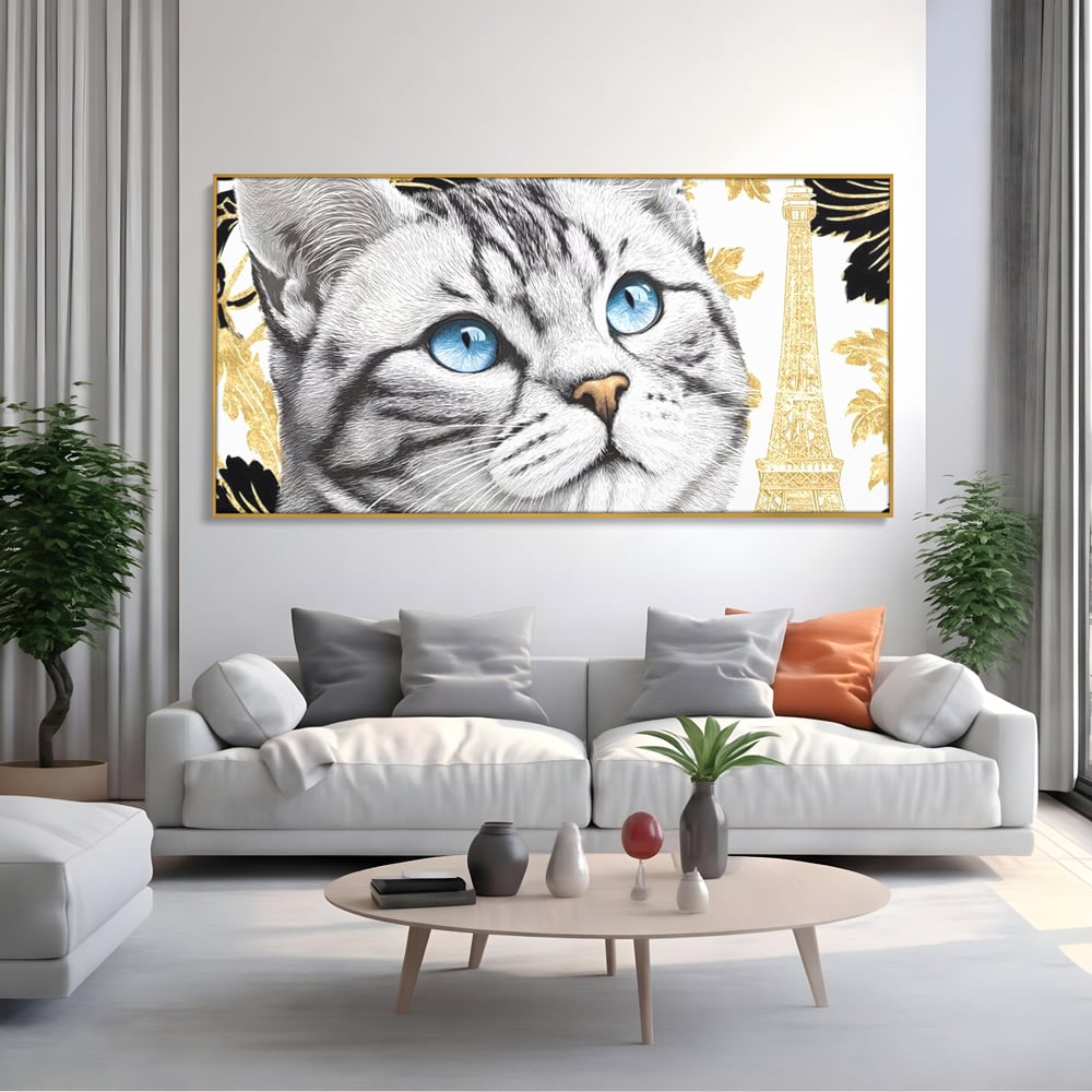 Tablou Canvas Premium, LuxCanva® M1493, Sub Cerul Parisului, Pisica, Felina, Ochi Albastri, Paris, Turnul Eiffel, Auriu, Elegant, Dormitor, Birou, Living, Camera Copil