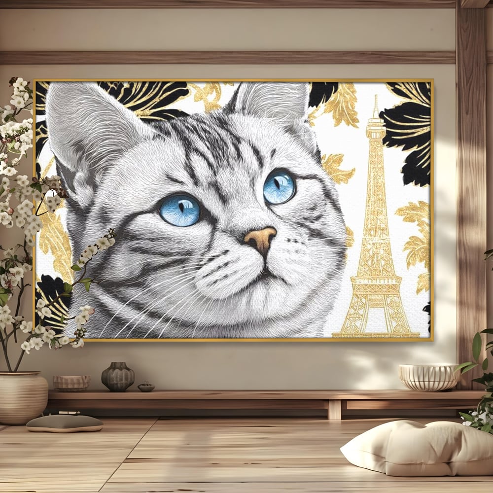 Tablou Canvas Premium, LuxCanva® M1493, Sub Cerul Parisului, Pisica, Felina, Ochi Albastri, Paris, Turnul Eiffel, Auriu, Elegant, Dormitor, Birou, Living, Camera Copil