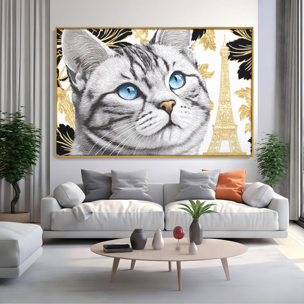 Tablou Canvas Premium, LuxCanva® M1493, Sub Cerul Parisului, Pisica, Felina, Ochi Albastri, Paris, Turnul Eiffel, Auriu, Elegant, Dormitor, Birou, Living, Camera Copil