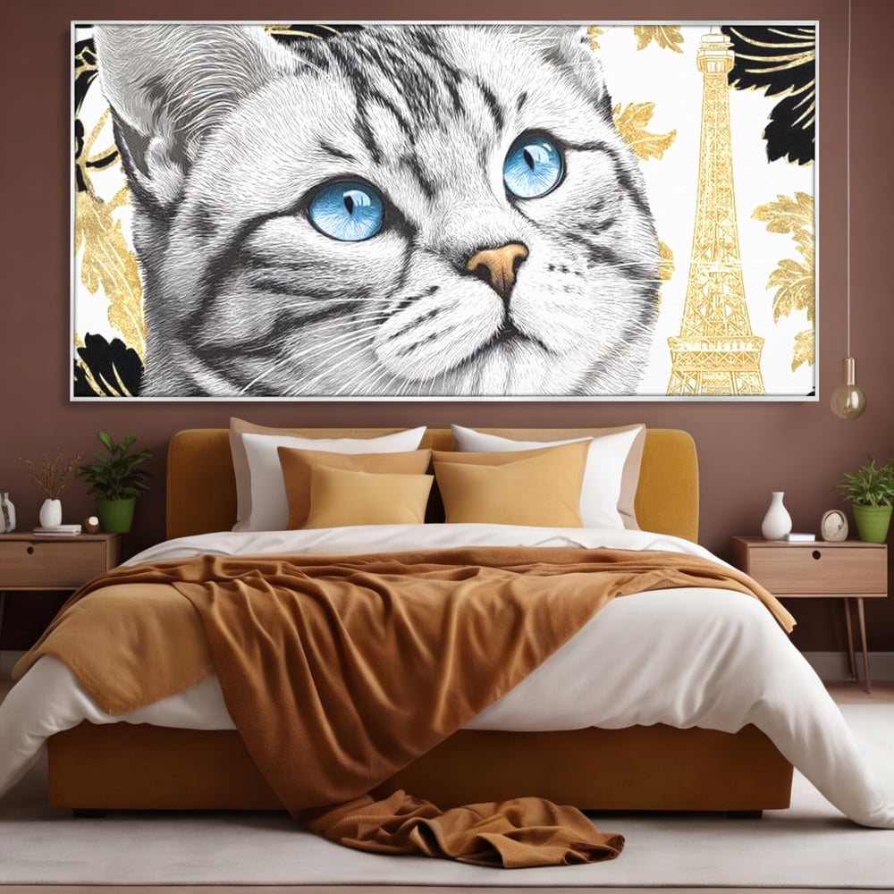 Tablou Canvas Premium, LuxCanva® M1493, Sub Cerul Parisului, Pisica, Felina, Ochi Albastri, Paris, Turnul Eiffel, Auriu, Elegant, Dormitor, Birou, Living, Camera Copil