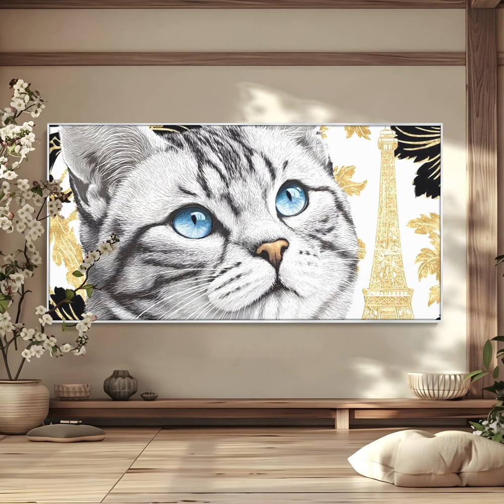 Tablou Canvas Premium, LuxCanva® M1493, Sub Cerul Parisului, Pisica, Felina, Ochi Albastri, Paris, Turnul Eiffel, Auriu, Elegant, Dormitor, Birou, Living, Camera Copil