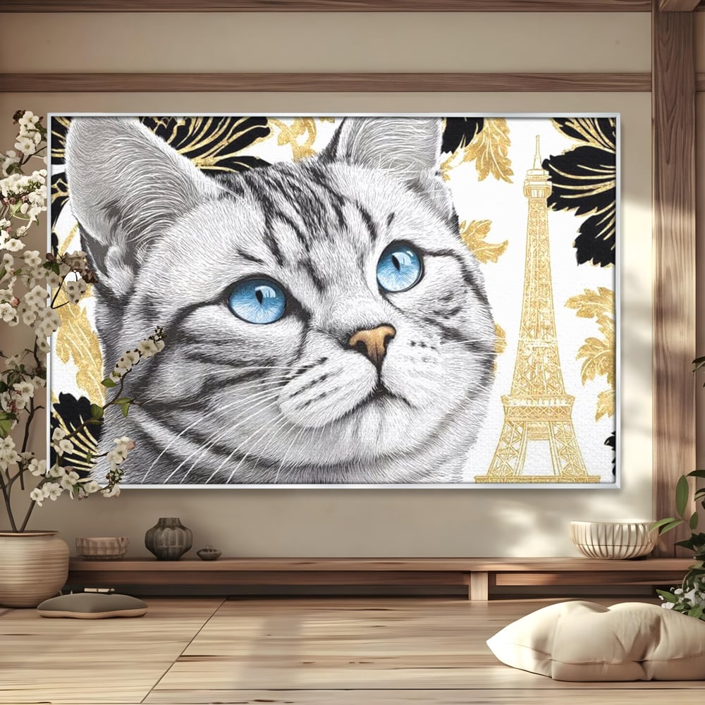 Tablou Canvas Premium, LuxCanva® M1493, Sub Cerul Parisului, Pisica, Felina, Ochi Albastri, Paris, Turnul Eiffel, Auriu, Elegant, Dormitor, Birou, Living, Camera Copil