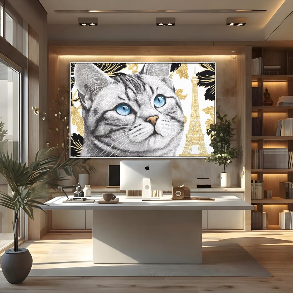 Tablou Canvas Premium, LuxCanva® M1493, Sub Cerul Parisului, Pisica, Felina, Ochi Albastri, Paris, Turnul Eiffel, Auriu, Elegant, Dormitor, Birou, Living, Camera Copil