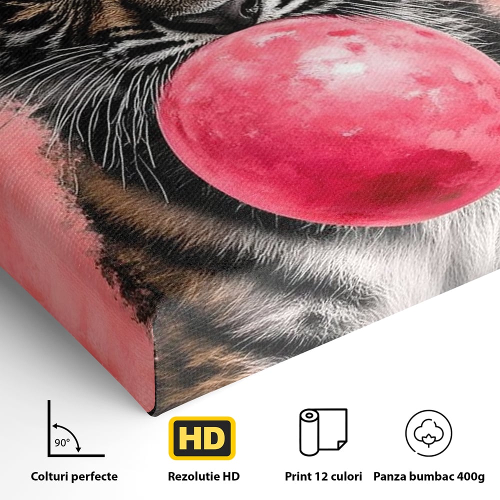 Tablou Canvas Premium, LuxCanva® M1494, Tigrul Poznas, Pui, Tigru, Bubble Gum, Roz, Adorabil, Jucaus, Copilarie, Dormitor, Birou, Living, Camera Copil