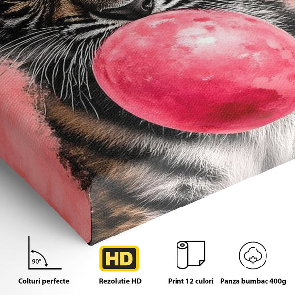 Tablou Canvas Premium, LuxCanva® M1494, Tigrul Poznas, Pui, Tigru, Bubble Gum, Roz, Adorabil, Jucaus, Copilarie, Dormitor, Birou, Living, Camera Copil