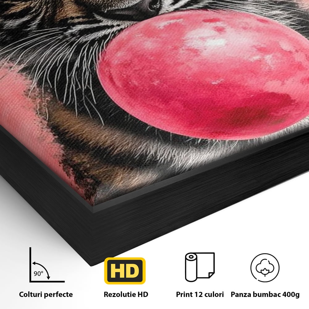 Tablou Canvas Premium, LuxCanva® M1494, Tigrul Poznas, Pui, Tigru, Bubble Gum, Roz, Adorabil, Jucaus, Copilarie, Dormitor, Birou, Living, Camera Copil