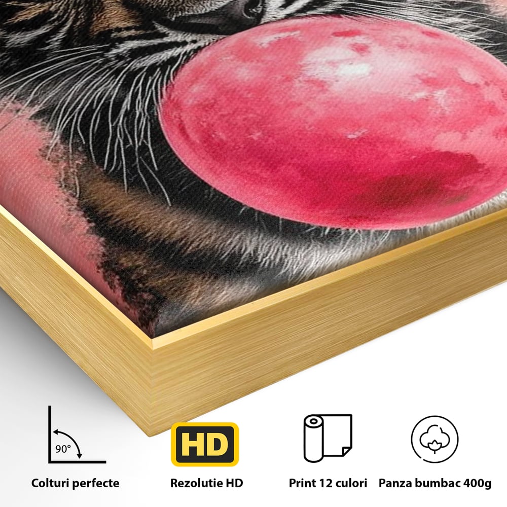 Tablou Canvas Premium, LuxCanva® M1494, Tigrul Poznas, Pui, Tigru, Bubble Gum, Roz, Adorabil, Jucaus, Copilarie, Dormitor, Birou, Living, Camera Copil