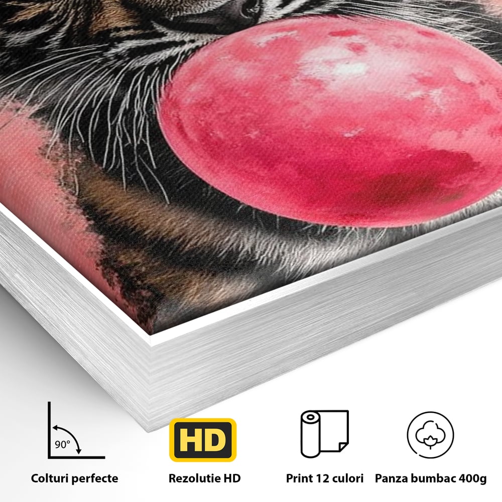 Tablou Canvas Premium, LuxCanva® M1494, Tigrul Poznas, Pui, Tigru, Bubble Gum, Roz, Adorabil, Jucaus, Copilarie, Dormitor, Birou, Living, Camera Copil