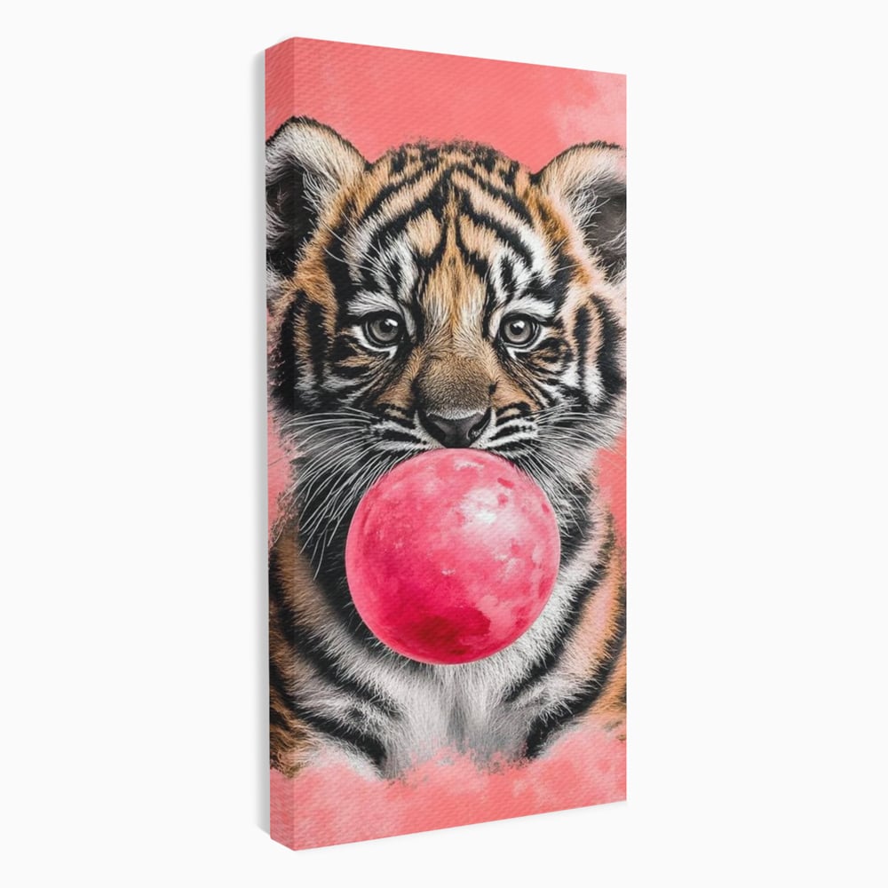 Tablou Canvas Premium, LuxCanva® M1494, Tigrul Poznas, Pui, Tigru, Bubble Gum, Roz, Adorabil, Jucaus, Copilarie, Dormitor, Birou, Living, Camera Copil