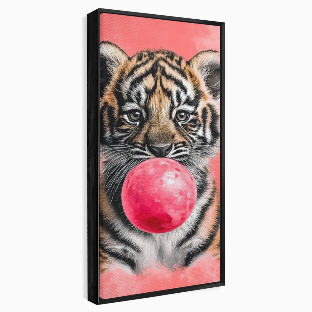 Tablou Canvas Premium, LuxCanva® M1494, Tigrul Poznas, Pui, Tigru, Bubble Gum, Roz, Adorabil, Jucaus, Copilarie, Dormitor, Birou, Living, Camera Copil
