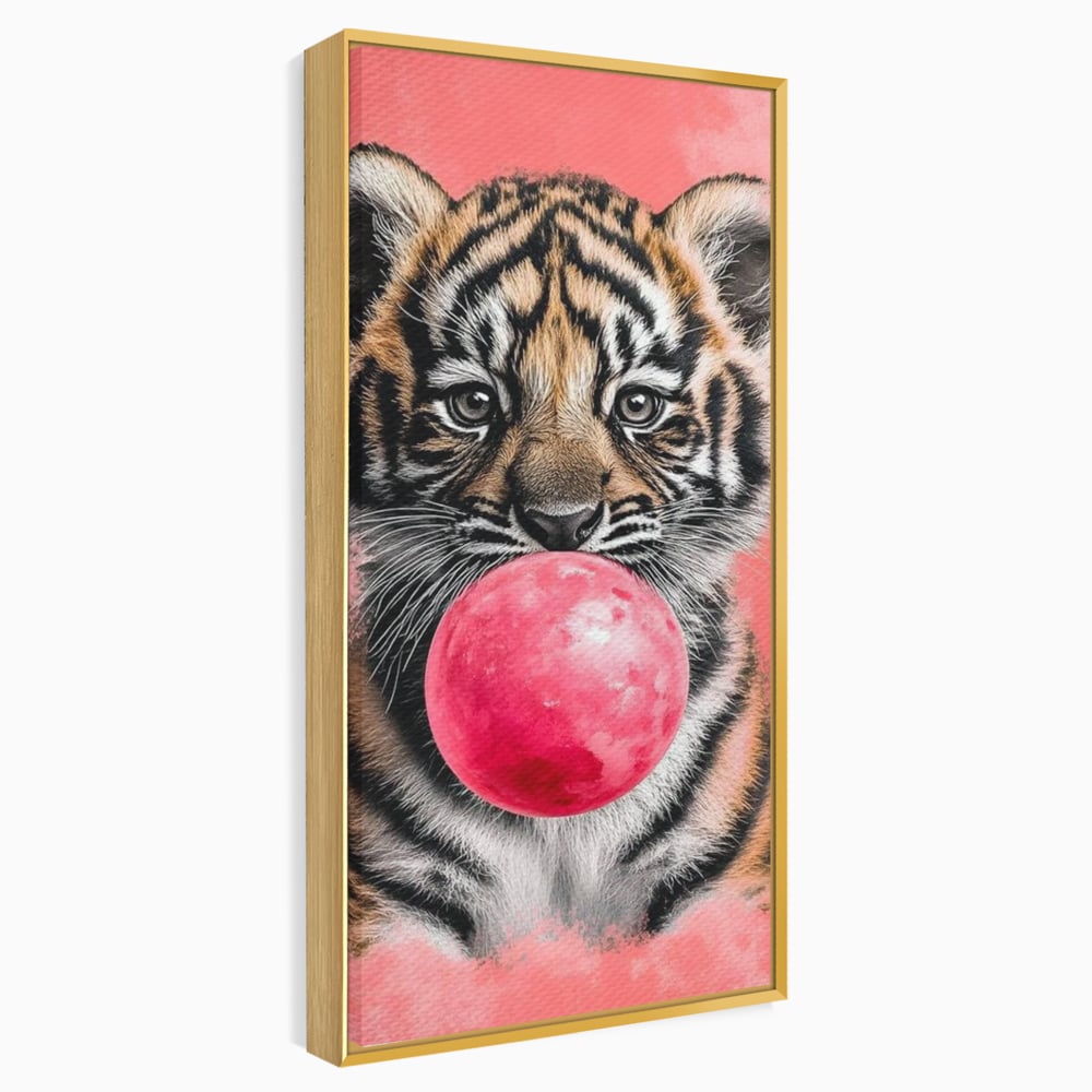 Tablou Canvas Premium, LuxCanva® M1494, Tigrul Poznas, Pui, Tigru, Bubble Gum, Roz, Adorabil, Jucaus, Copilarie, Dormitor, Birou, Living, Camera Copil