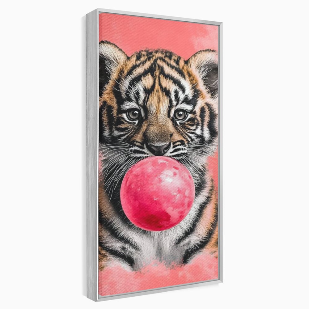Tablou Canvas Premium, LuxCanva® M1494, Tigrul Poznas, Pui, Tigru, Bubble Gum, Roz, Adorabil, Jucaus, Copilarie, Dormitor, Birou, Living, Camera Copil