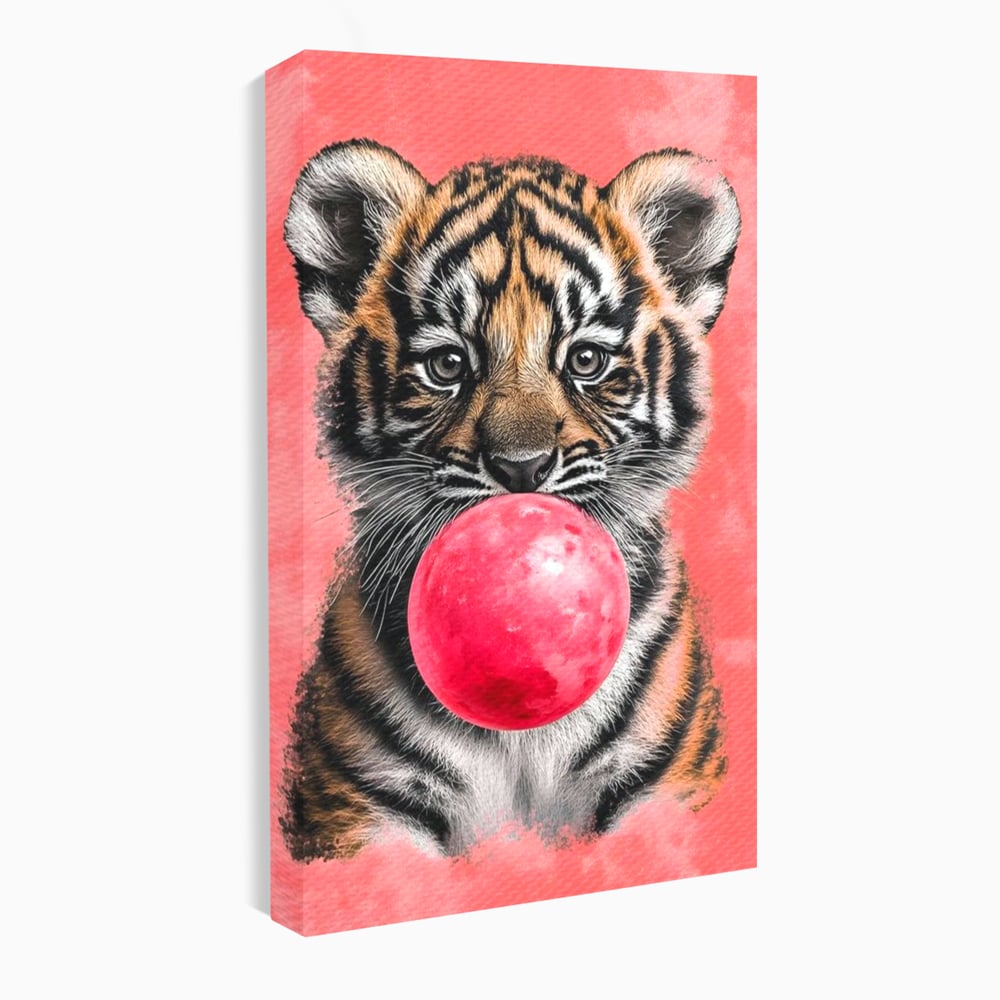Tablou Canvas Premium, LuxCanva® M1494, Tigrul Poznas, Pui, Tigru, Bubble Gum, Roz, Adorabil, Jucaus, Copilarie, Dormitor, Birou, Living, Camera Copil
