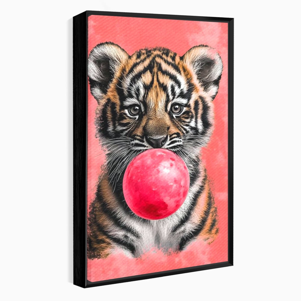 Tablou Canvas Premium, LuxCanva® M1494, Tigrul Poznas, Pui, Tigru, Bubble Gum, Roz, Adorabil, Jucaus, Copilarie, Dormitor, Birou, Living, Camera Copil